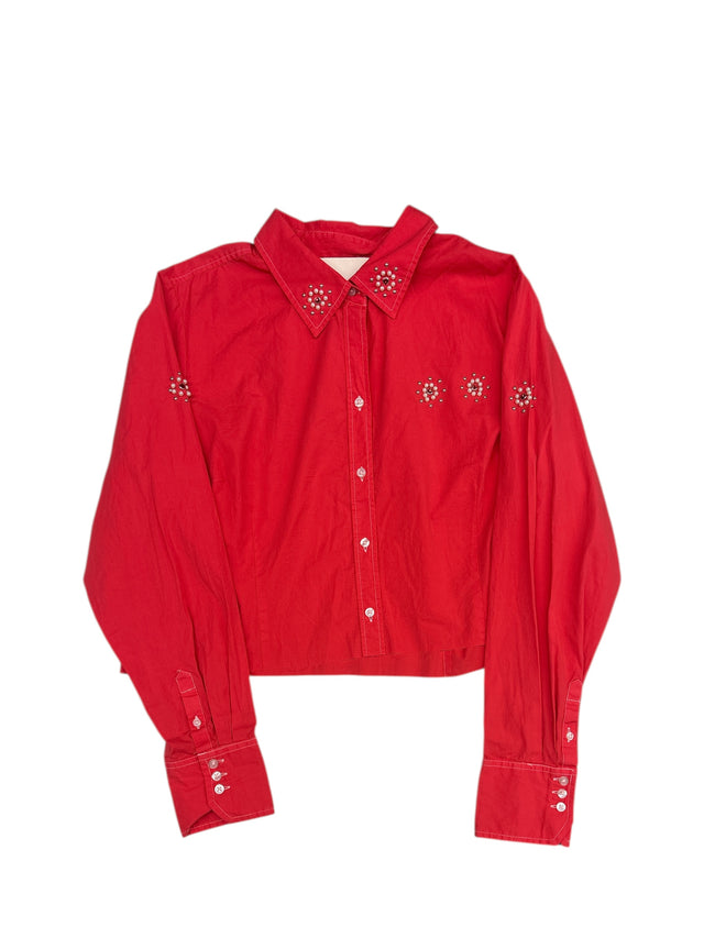 Cropped Red Bedazzled Dress Shirt