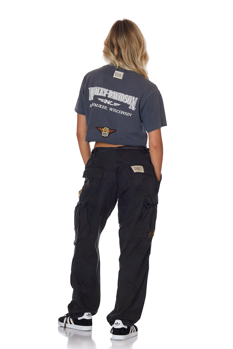 Black Camo Overdye Cargo Pant with Custom Pin Trim