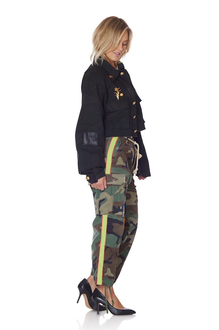 Crop Neon Stripe Vintage Camo Pant with Patches