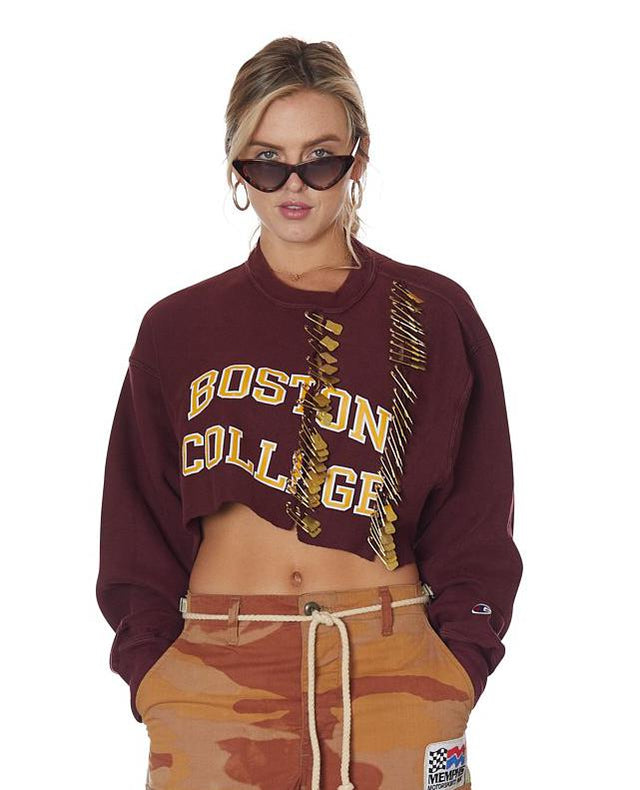 Cropped Boston College Raw Edge 'Pin Up Girl" Sweatshirt