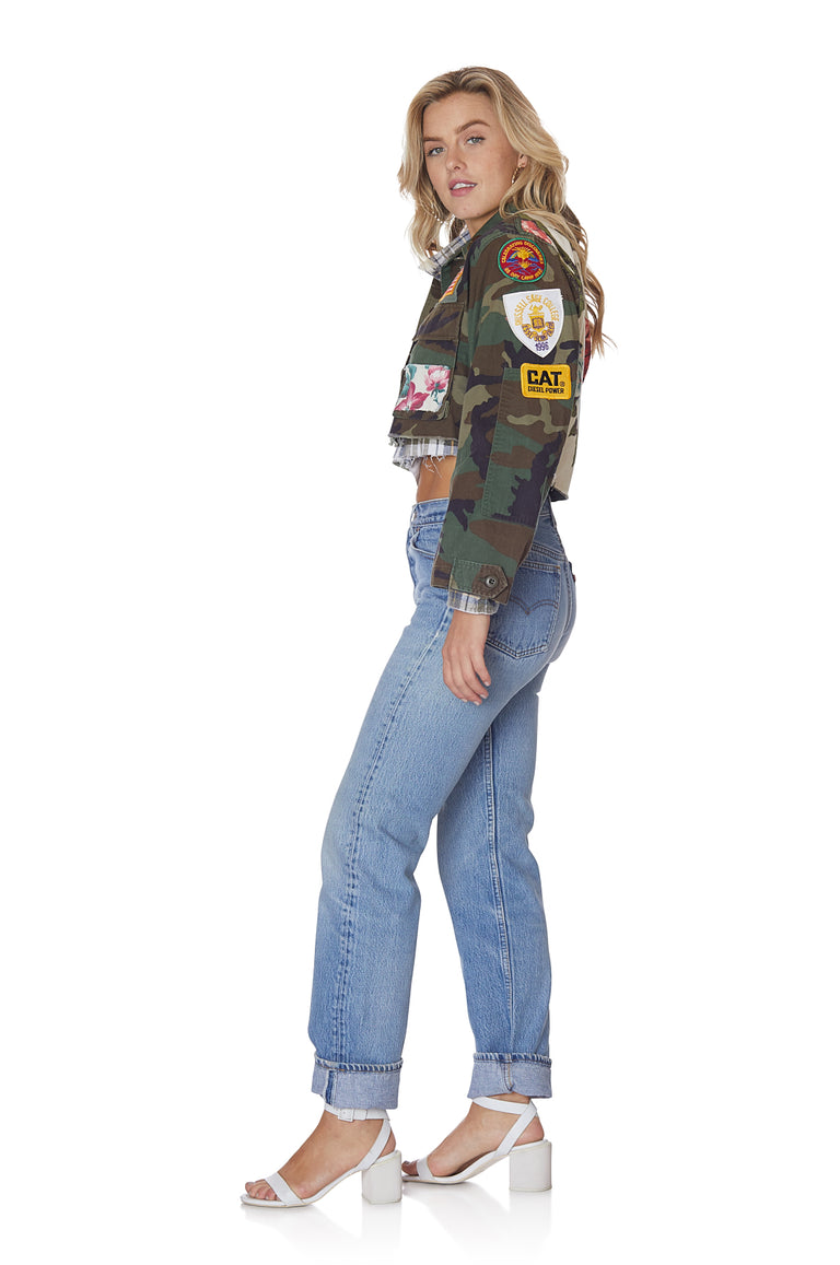 Camo and Wild Floral Cropped Jacket with Patches and Pins