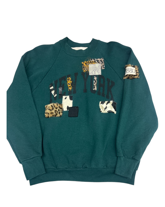 Forrest Green New York Animal Print Patchwork Crewneck