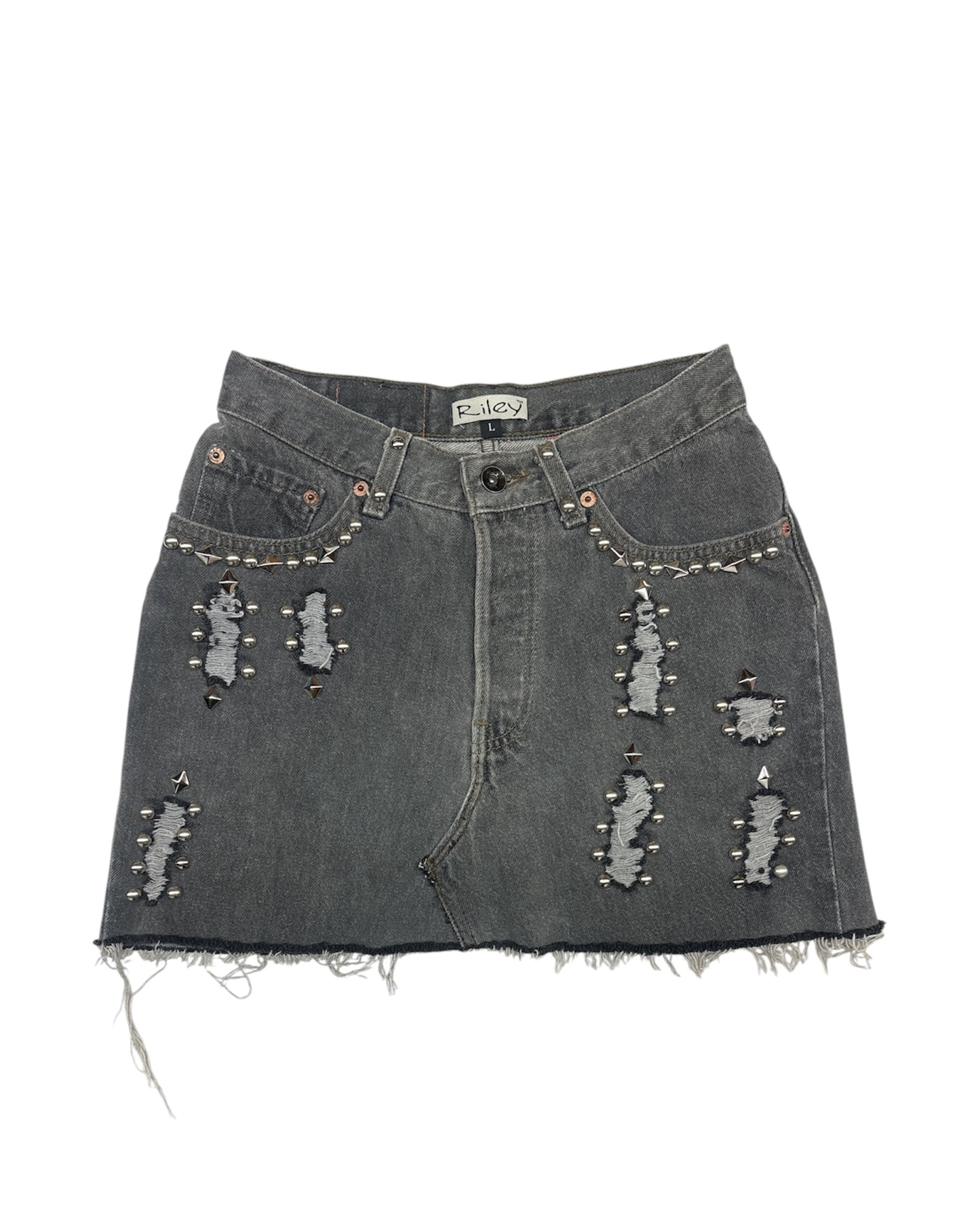 Studded & Distressed Cut-Off Mini Skirt