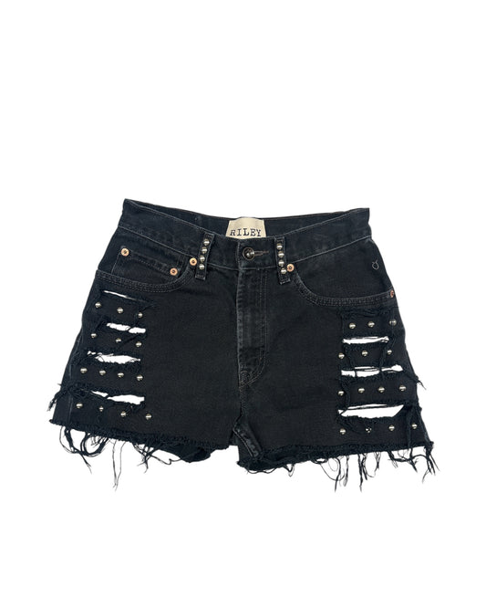 Black Studded & Slashed Cut-Off Denim Short