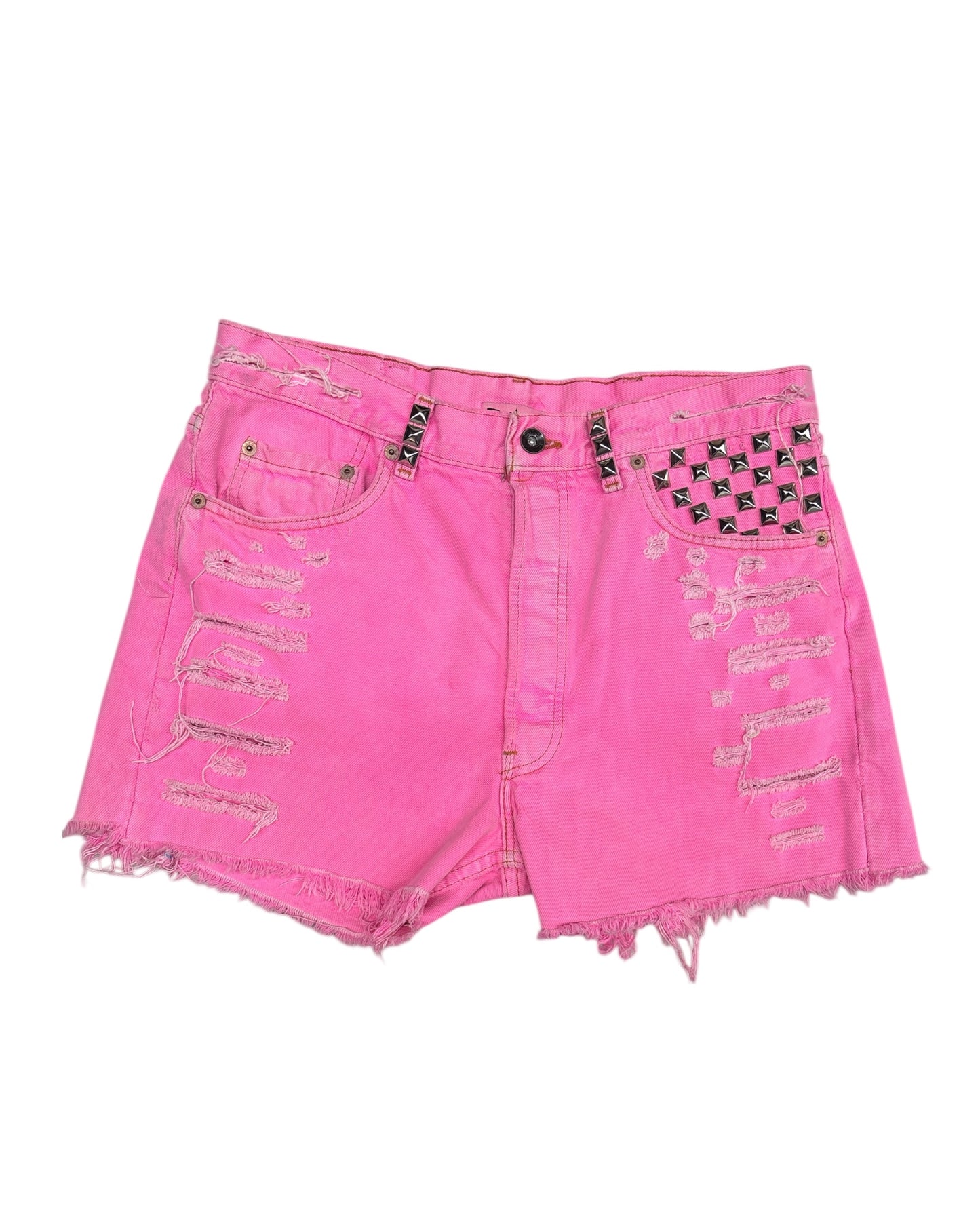 Hot Pink Cut Off Studded Denim Shorts