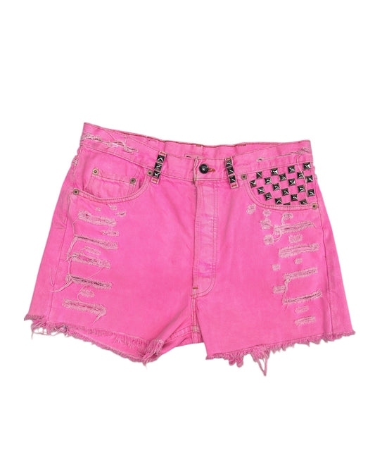 Hot Pink Cut Off Studded Denim Shorts