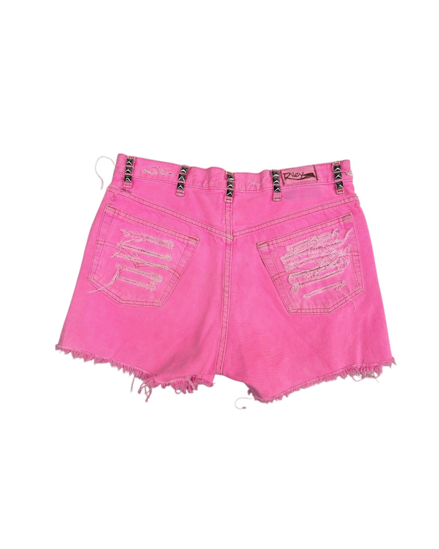 Hot Pink Cut Off Studded Denim Shorts