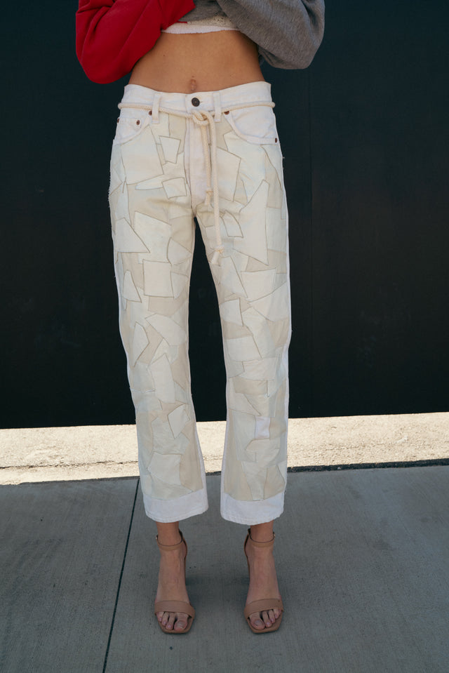 Shades of White Leather Patched Jeans