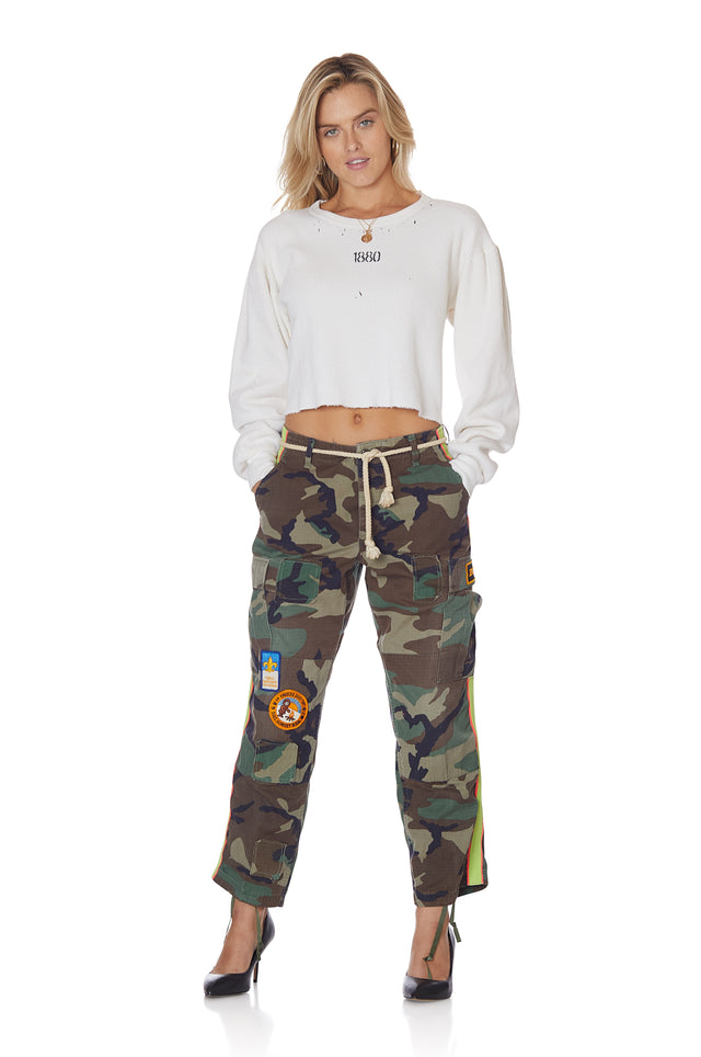 Crop Neon Stripe Vintage Camo Pant with Patches
