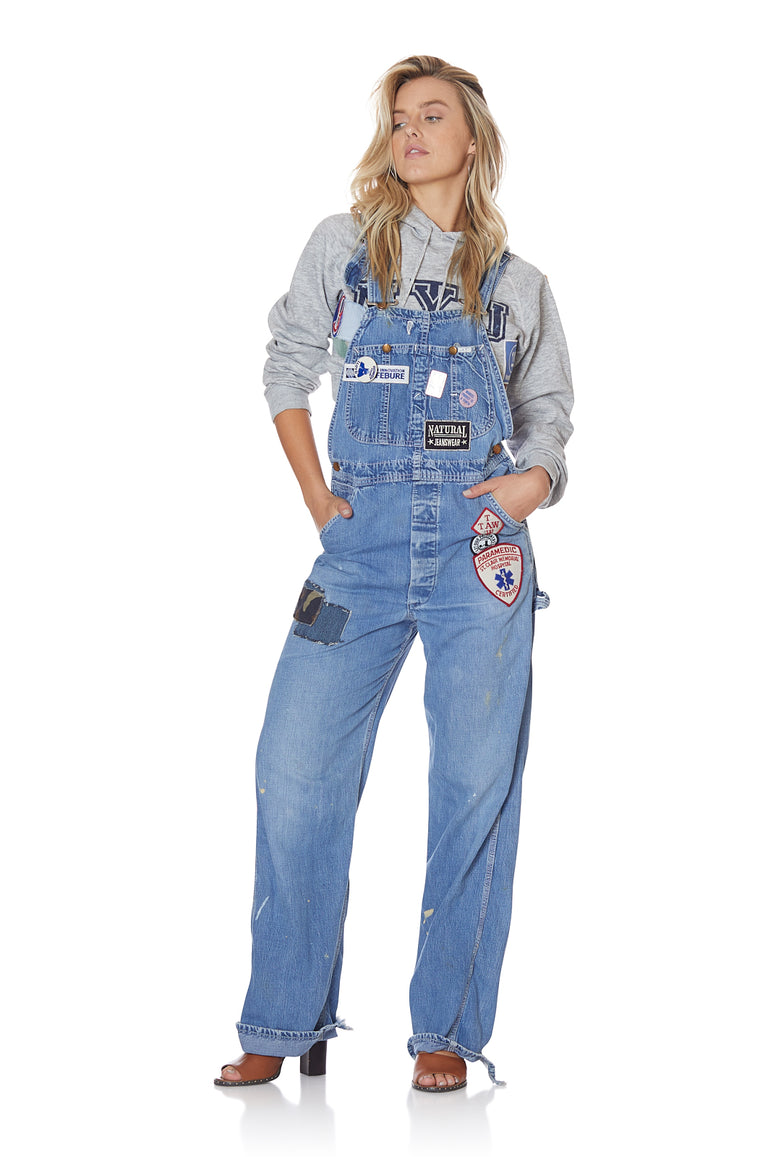 Vintage Loose Denim Overalls with Patches