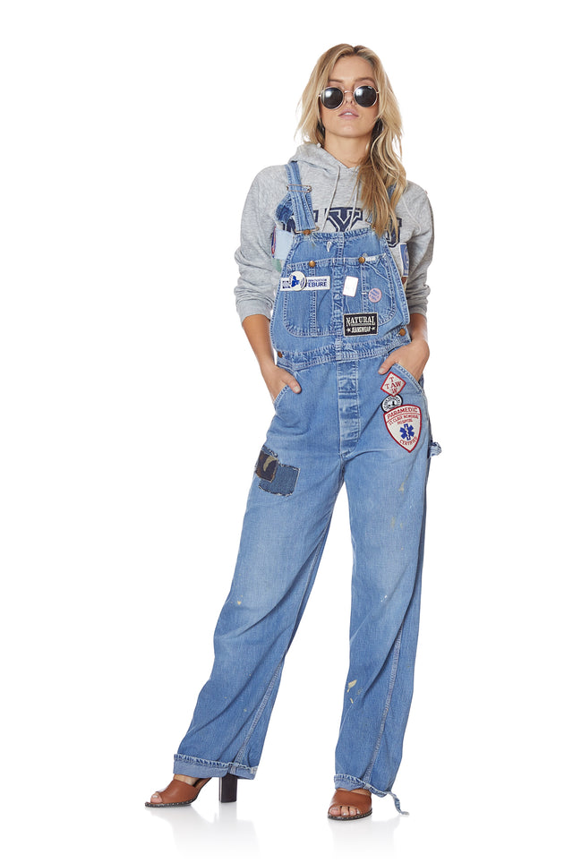 Vintage Loose Denim Overalls with Patches