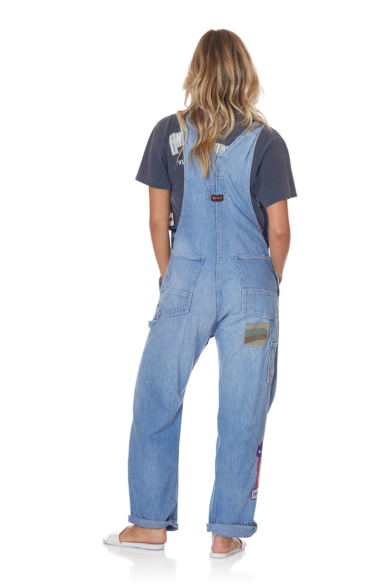 Light Wash Vintage Loose Denim Overalls with Patches