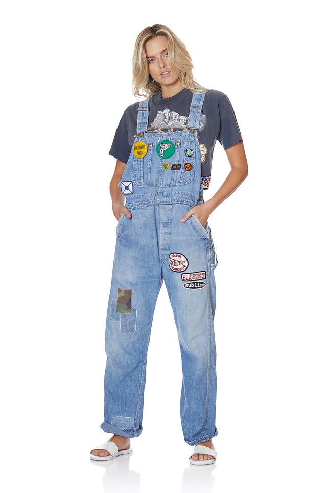 Light Wash Vintage Loose Denim Overalls with Patches