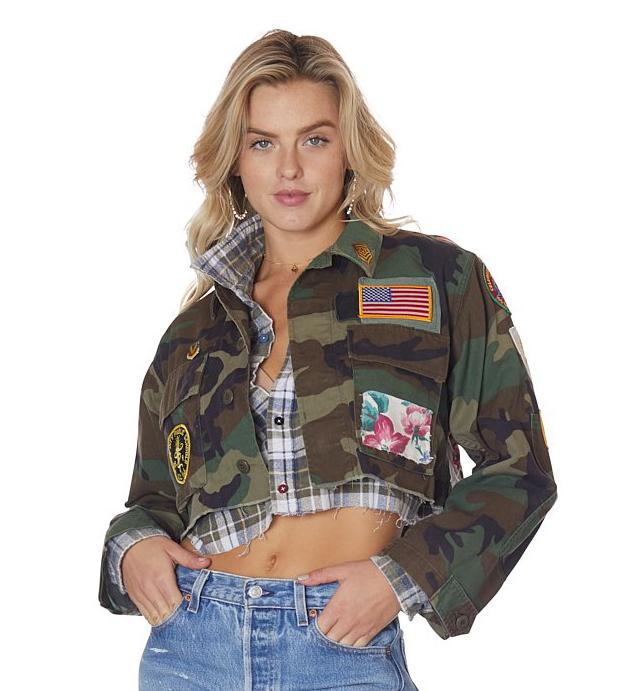 【KOOLOSET】Crop Patch Work Shirt Jacket Camo and Wild Floral Cropped Jacket with Patches and Pins
