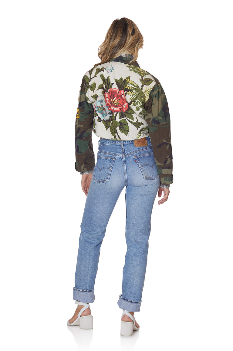 Camo and Wild Floral Cropped Jacket with Patches and Pins